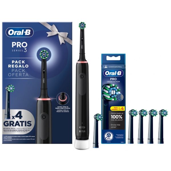 PACK CEPILLO DENTAL BRAUN ORAL B PRO 3 NEGRO CON REFILL CROSS ACTION 4 CT DE REGALO