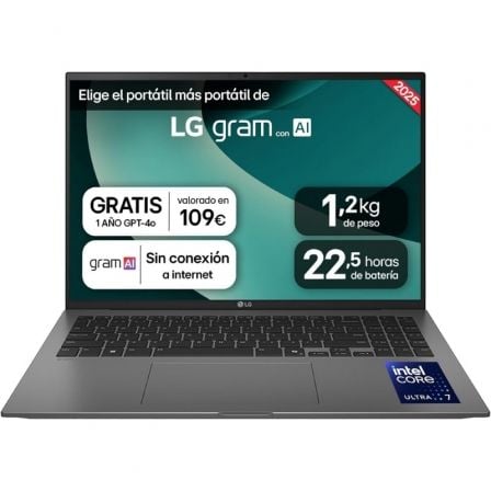 Portátil LG Gram 16ZD90T-G.AX78B Intel Core Ultra 7-255H/ 16GB/ 1TB SSD/ 16"/ Sin Sistema Operativo