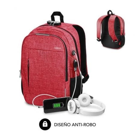 Mochila Subblim Urban Lock para Portátiles hasta 16"/ Puerto USB/ Antirrobo/ Roja