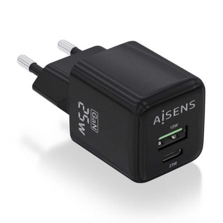 Cargador de Pared GaN Aisens ASCH-25W2P015-BK/ 1xUSB Tipo-C/ 1xUSB/ 25W