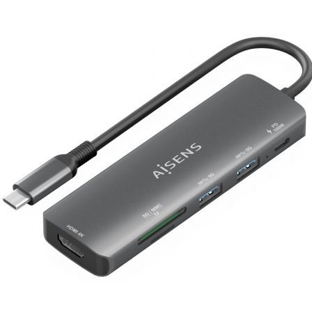 Docking USB Tipo-C Aisens ASUC-5P011-GR/ 1xHDMI 4K/ 2xUSB/ 1xUSB Tipo-C PD/ 1xLector Tarjetas/ Gris