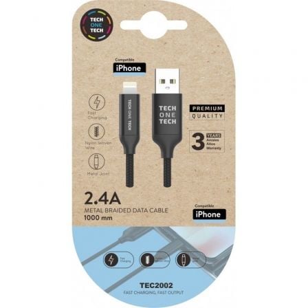 Cable USB 2.0 Tech One Tech TEC2002/ USB Macho - Lightning Macho/ 480Mbps/ 1m/ Negro
