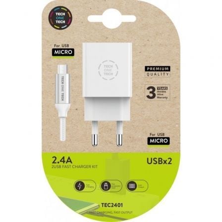Cargador de Pared Tech One Tech TEC2401/ 2xUSB + Cable Micro USB/ 12W/ Blanco