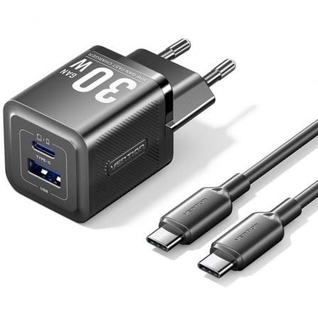 Cargador de Pared GaN Vention TZ-FEQB0-EU-01/ 1xUSB Tipo-C/ 1xUSB + Cable USB Tipo-C/ 30W