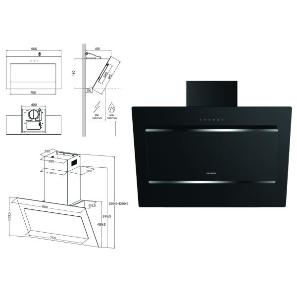 CAMPANA VERTICAL INFINITON CMPTRAL-BT90 90 CM. CRISTAL BLACK 800M3/H