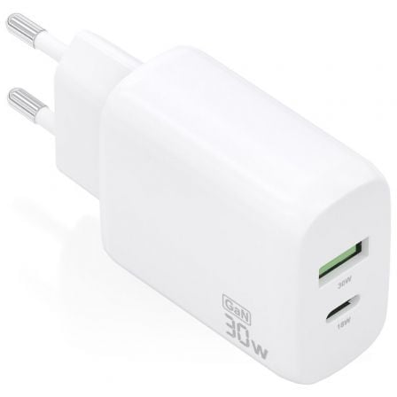 Cargador de Pared GaN Aisens A110-0923/ 1xUSB Tipo-C/ 1xUSB/ 30W/ Blanco