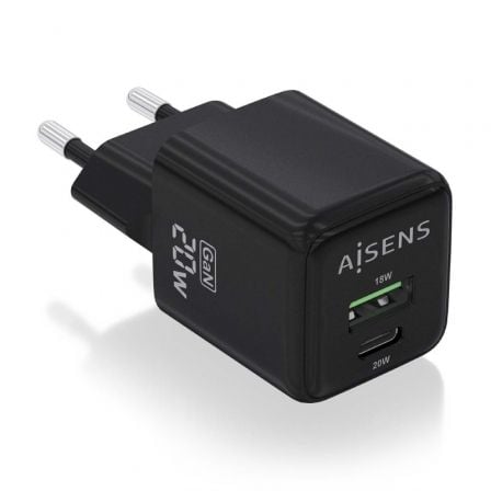 Cargador de Pared GaN Aisens ASCH-20W2P011-BK/ 1xUSB Tipo-C/ 1xUSB/ 20W