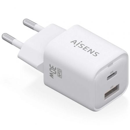 Cargador de Pared GaN Aisens ASCH-30W2P020-W/ 1xUSB Tipo-C/ 1xUSB/ 30W