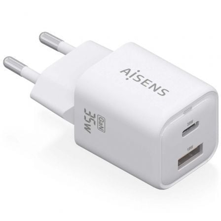Cargador de Pared GaN Aisens ASCH-35W2P024-W/ 1xUSB Tipo-C/ 1xUSB/ 35W
