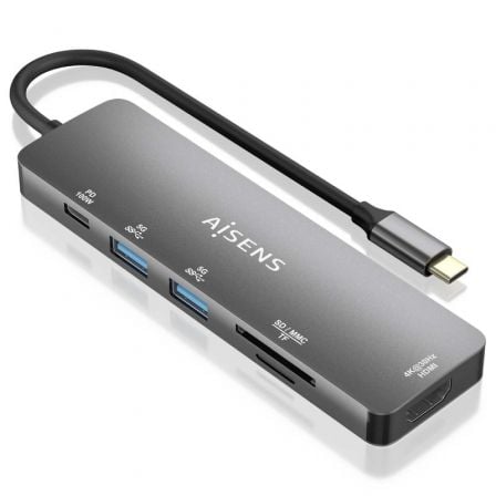 Docking USB Tipo-C Aisens ASUC-6P016-GR/ 1xHDMI 4K/ 2xUSB/ 1xLector Tarjetas/ 1xUSB Tipo-C PD/ Gris