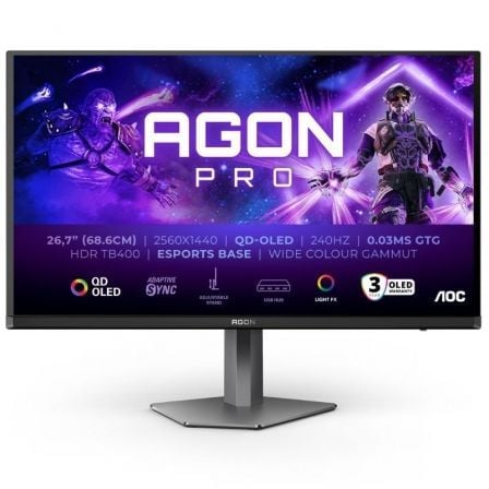 Monitor Gaming Ultraparonámico AOC AG276QZD2 26.5"/ WQHD/ Multimedia/ 0.03ms/ 240Hz/ QLED/ Regulable en altura/ Negro