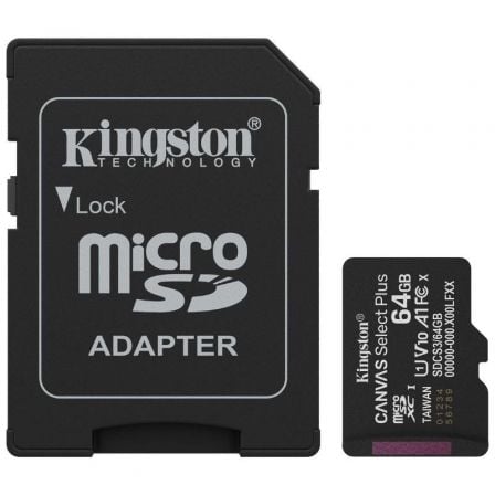 Tarjeta de Memoria Kingston CANVAS Select Plus 64GB microSD XC con Adaptador/ Clase 10/ 100MBs